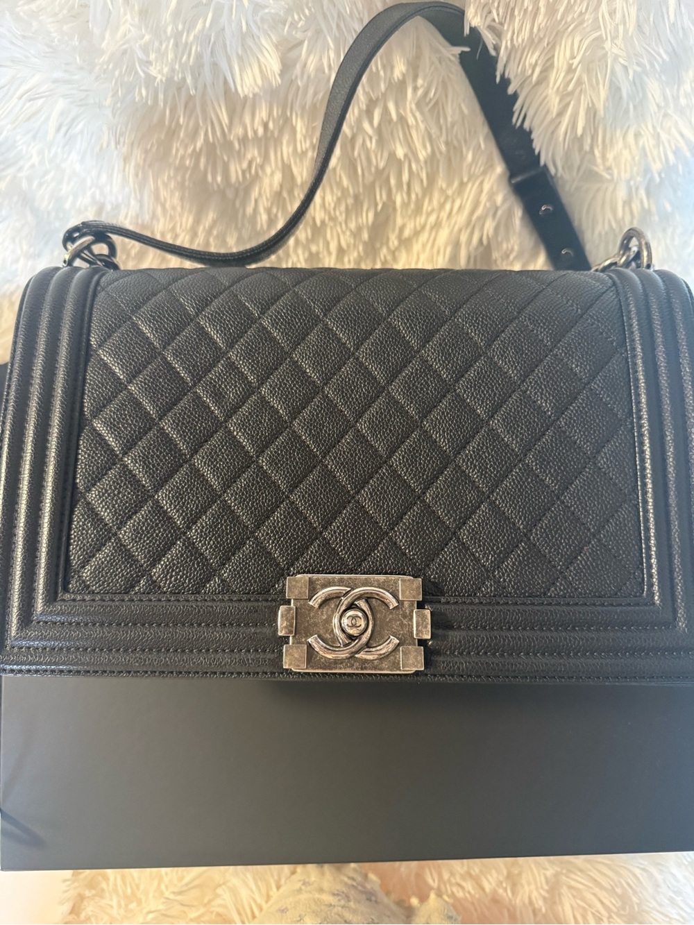 CHANEL Black Quilted Boy Shoulder Bag with Aged Silver Hardware